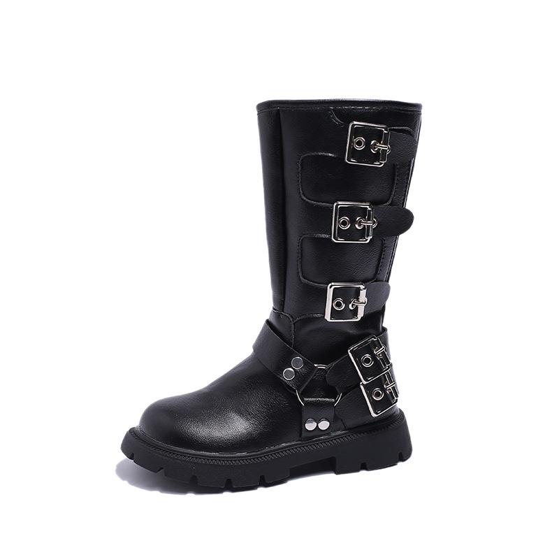 

2023 Girls High-Top Fashion Boots with Metal Buckle, British Style. Size 28, Inner Length 17.7 cm чорний