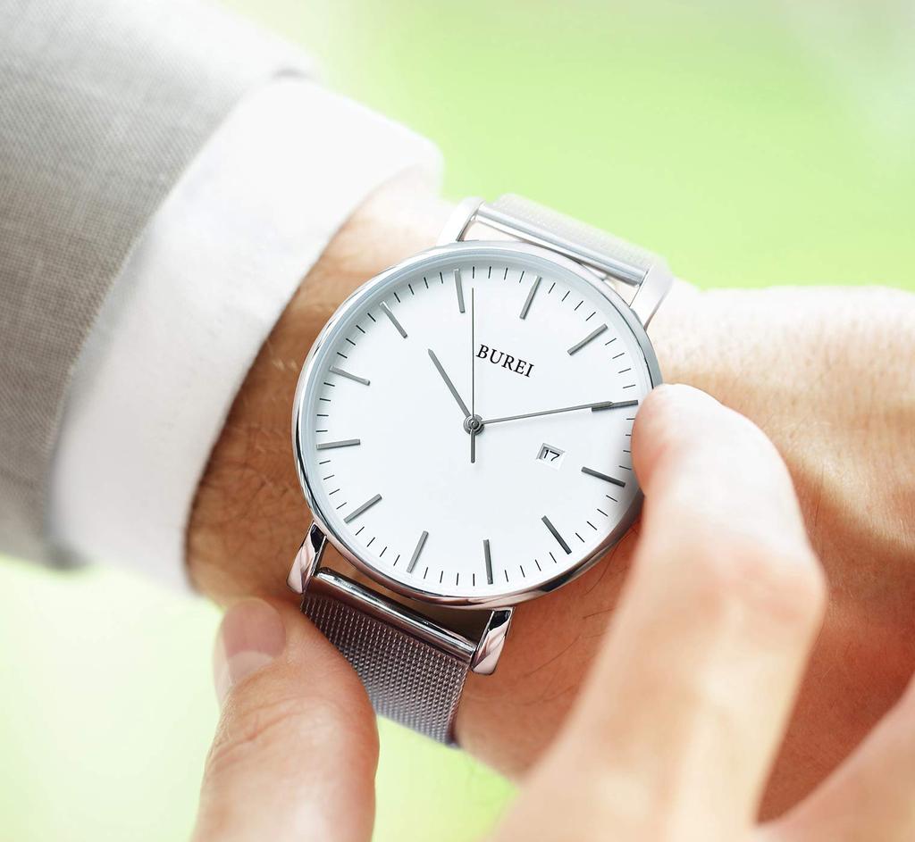 BUREI Men's Watch, Simple, Waterproof, Analog, Business, Milanese Style, Mesh Strap, Stylish, Popular, Date Display, Silver, Brand Name