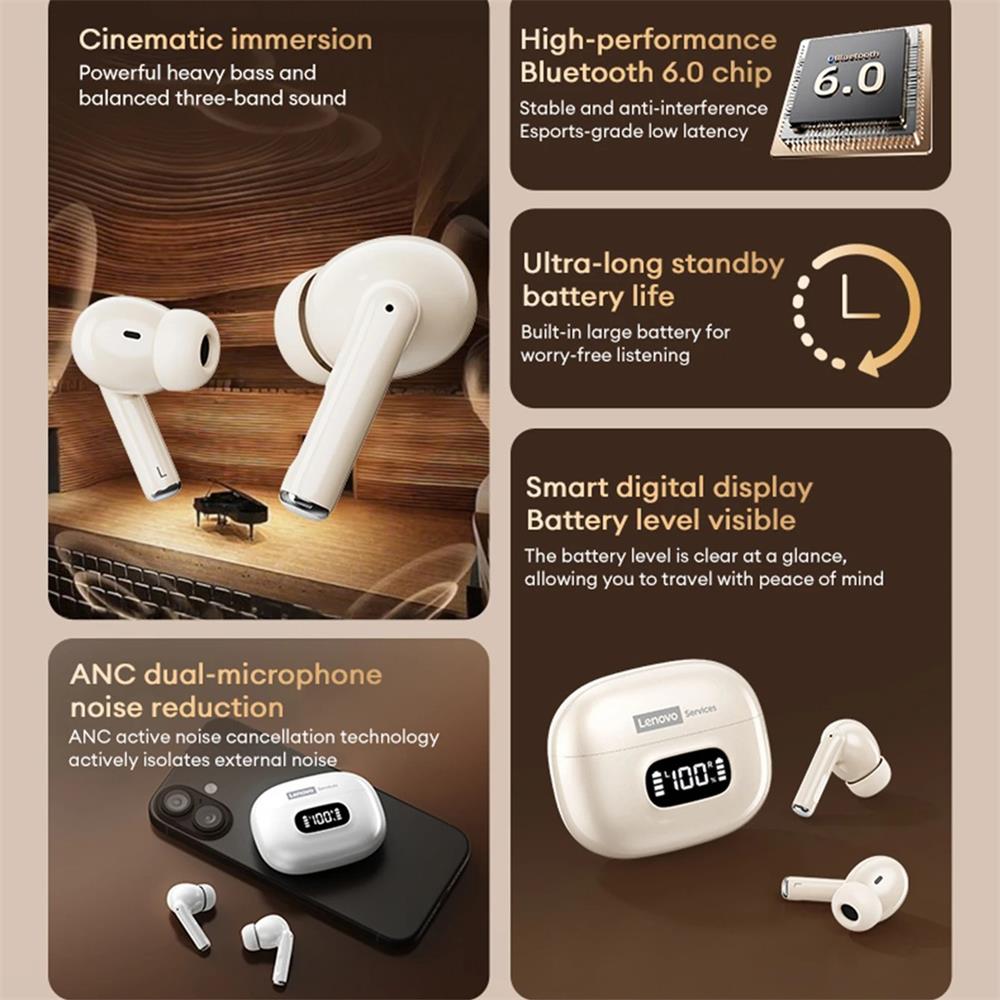 Original Lenovo LE207 TWS Wireless Bluetooth 6.0 Earphones LED Digital Display Travel Sports Headphones Low Latency HIFI Audio Comfort