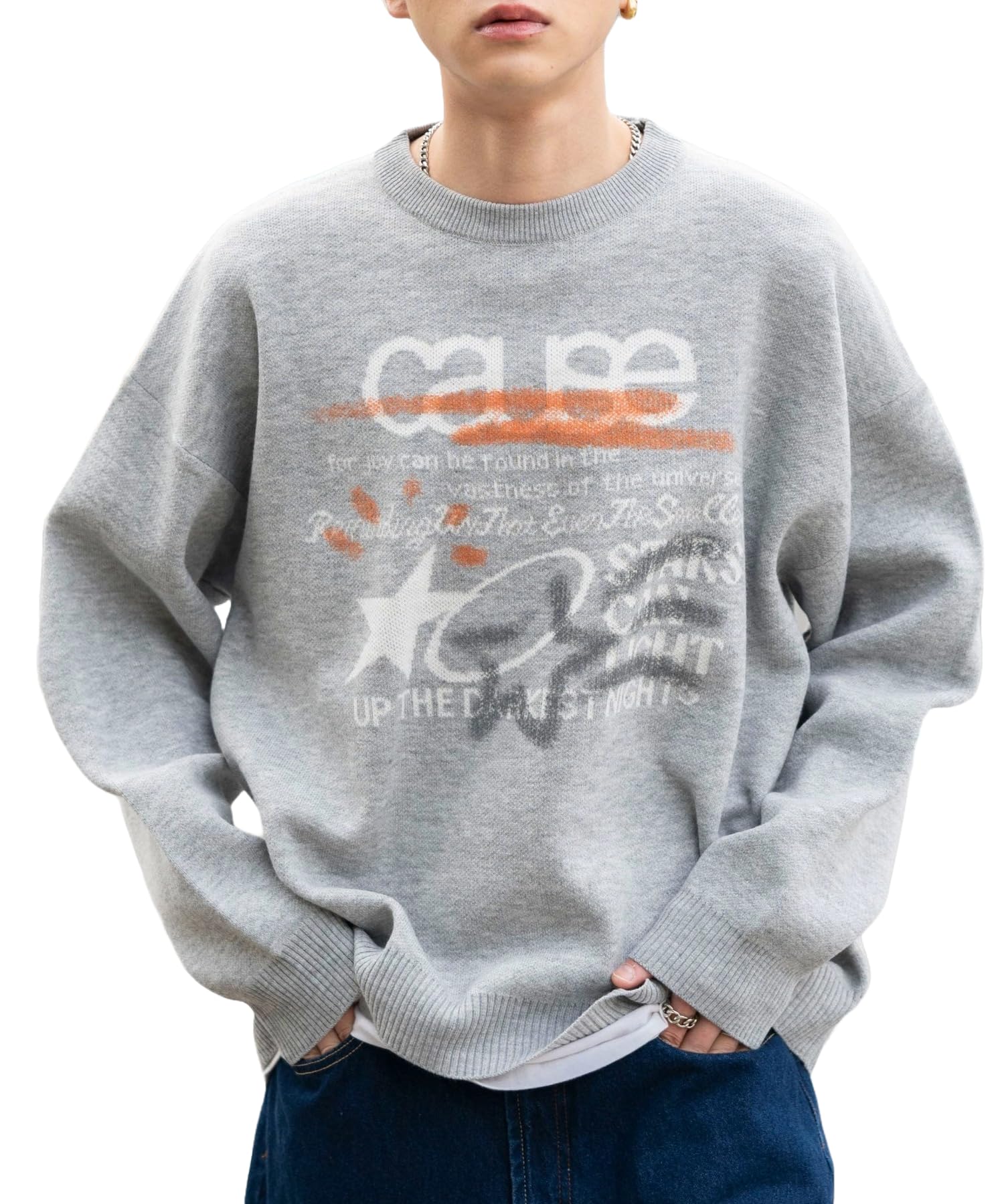 

WEGO Unisex Spray Graphic Knit Pullover Sweater Korean Size Gray Top, Oversized, Casual, Streetwear, Style, Gift, Spring, Autumn, Winter, Men s, L,