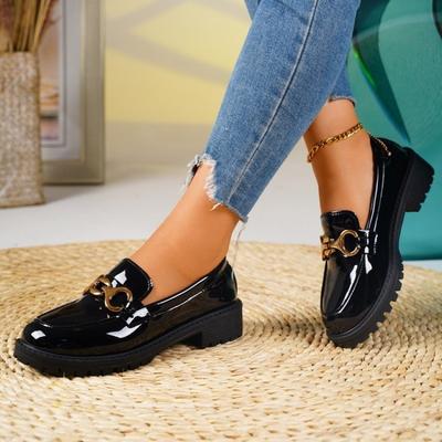 Mocasini slip-on din piele lăcuită pentru femei, cu vârf rotund și talpă groasă, pantofi de modă mărime plus