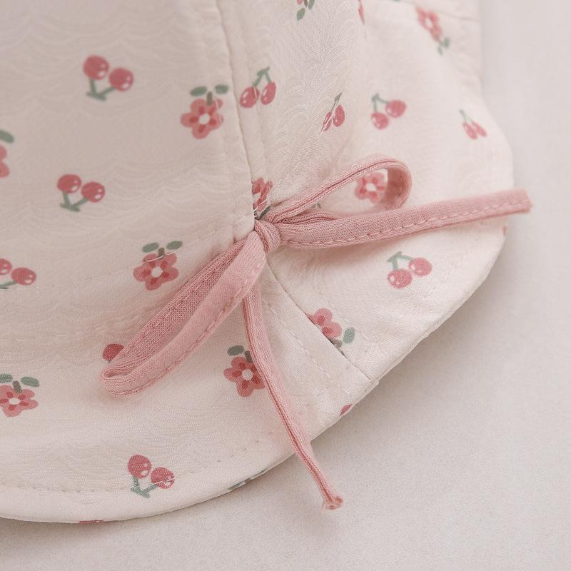 Cute Bow Baby Girl Bucket Hat Sweet Flower Cherry Print Cotton Newborn Infant Fisherman Cap Drawstring Adjustable Toddler Sun Hats