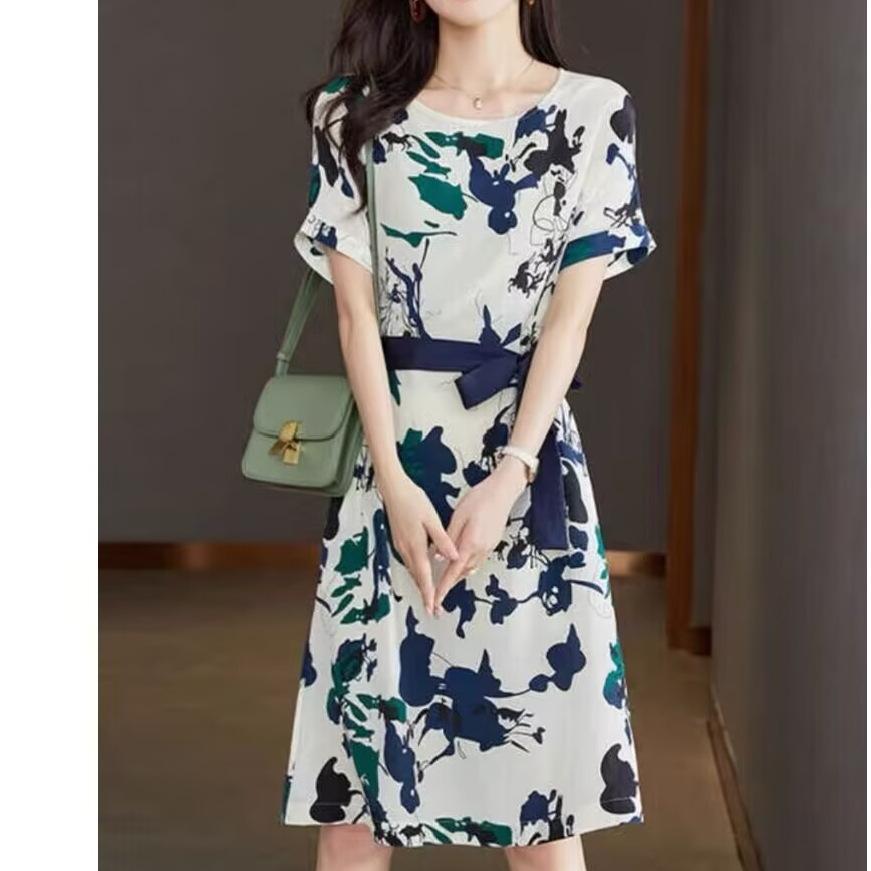 Women's Round Neck Short Sleeve Midi Dress Slim Fit High Waist Belted Ink Print A-Line Dress Casual Summer Elegant Fashion Dress