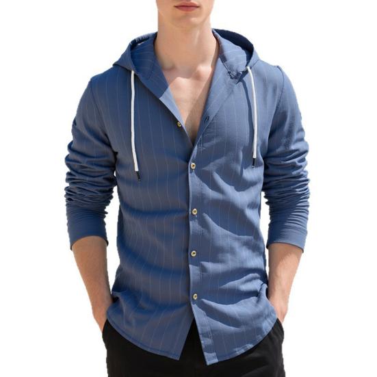Men Stripe Hooded Shirt Linen Long Sleeve Button Down Shirt