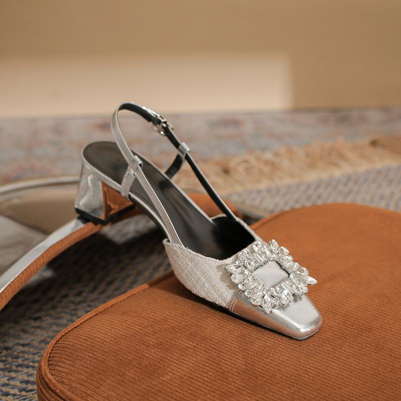 New metal bag head rear empty splicing sandals thick heel high heel women's single shoes fashionable rhinestone square buckle