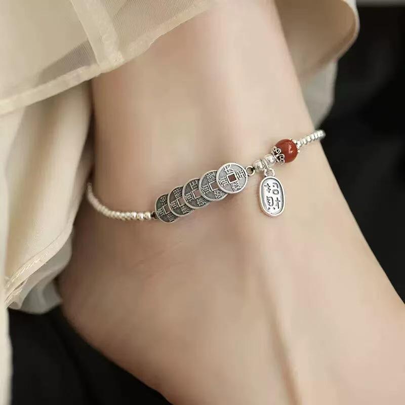 2025 Red Agate Copper Coin Anklet: New Trend in Wealth Attraction & Blessing, Chinese Style Foot Chain for Women