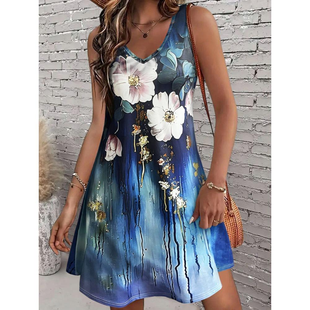 

Летнее длинное платье без рукавов с V-образным вырезом в стиле бохо с цветочным принтом, пляжные макси-сарафаны, летние платья, пляжные накидки, повседневные сарафаны с карманами XXL синий