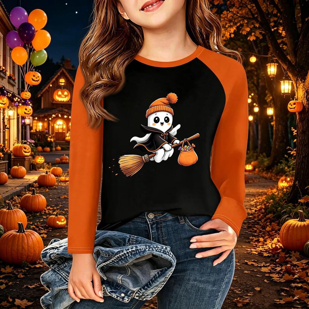 Kids' Halloween Printed Long Sleeve Neck T-Shirt for Casual Wear