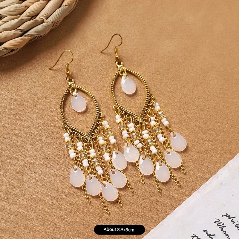 Ethnic Style Bohemia Feather Earrings White Long Style Fashion Retro Stylish Tassel Female Holiday Trip Shoot Earrings