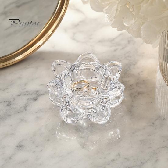 Decorative Glass Candle Holder Crystal Lotus Flower Tealight Holders, Tea Light Candlestick Decor Thick with Deep Grooved Plate, Multifunctional