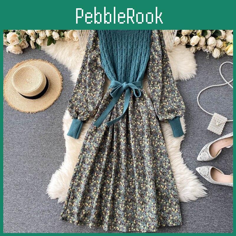 Dresses Corduroy Vintage Women Floral Knitted Patchwork Vestidos De Mujer Sweet Korean Long Dress Aline