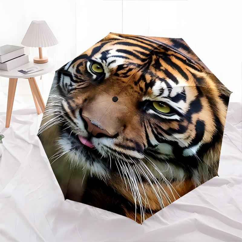 Tiger Face Themed Automatic Opening and Closing Umbrella, Brightly Colored 8-rib Portable Umbrella, Suitable for Men and Women, A Perfect Gi