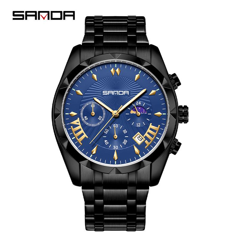 Sanda Men's Waterproof Business Watch - Steel Band, Luminous, with Small Seconds and Simple Calendar.