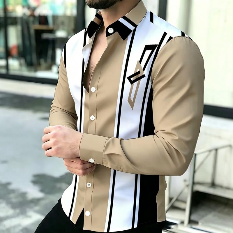 Men's Shirt with Contrasting Striped Print, Slim Fit Collar, Long Sleeved Business Casual Shirt, Available In Multiple Colors