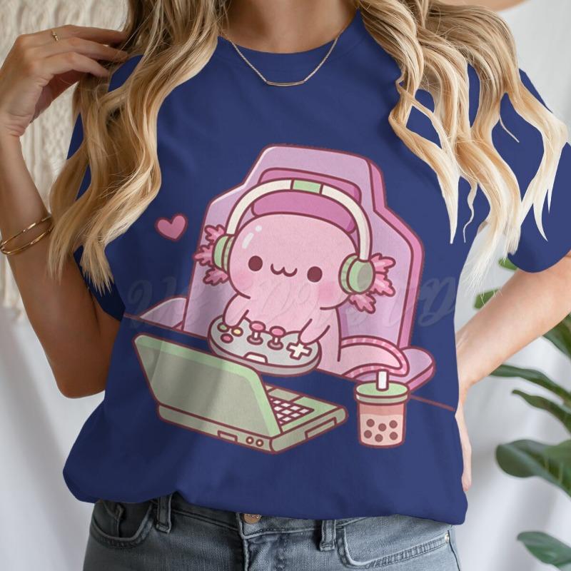 Cute Axolotl Playing Games T-shirt Female Casual Summer Drink Top Tie Dye Boba Tea Cartoon T-shirts Gamer Funny Short Sleeve Tee