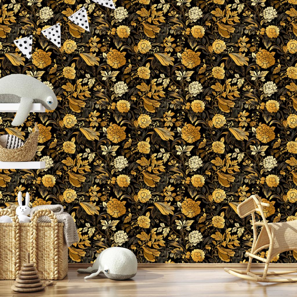 Golden Hibiscus Wallpaper Ochre, Gold, Black and Yellow 50x1000