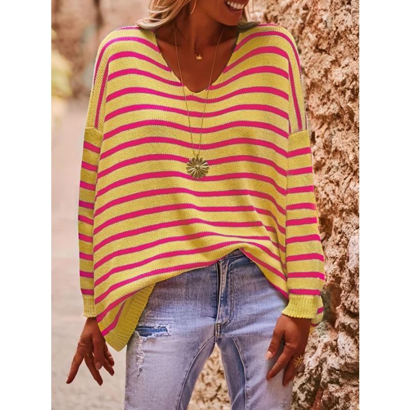 Women S V Neck Long Sleeve Striped Knit Pullover Sweater