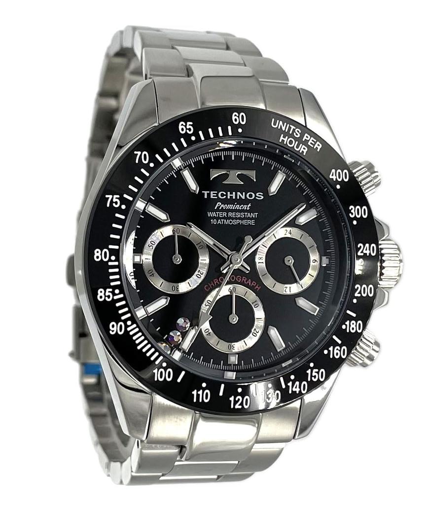 TECHNOS Limited Edition Lucky Aurora Lightstone Chronograph with Size Adjustment Men's Watch, Black, Tool, TP0403TB/SW
