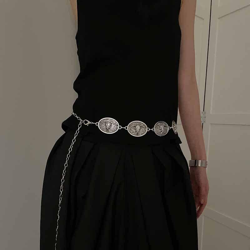 Retro Haute Design Sense Metal Waist Chain Women'S Niche Design With Fashion Tide Oval Bullhead Ethnic Style Belt Women