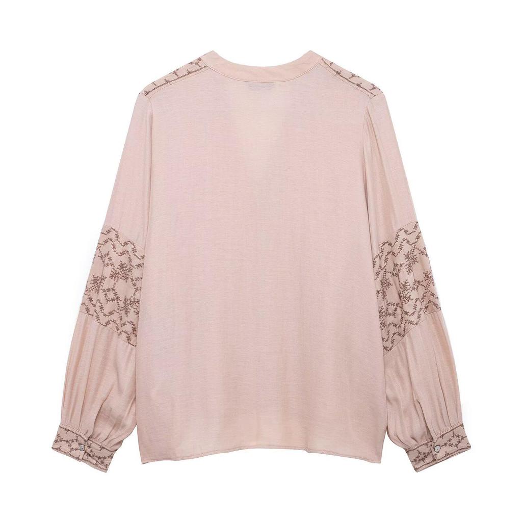 2025 Spring Women's V-Neck Embroidered Casual Shirt with Button Decor