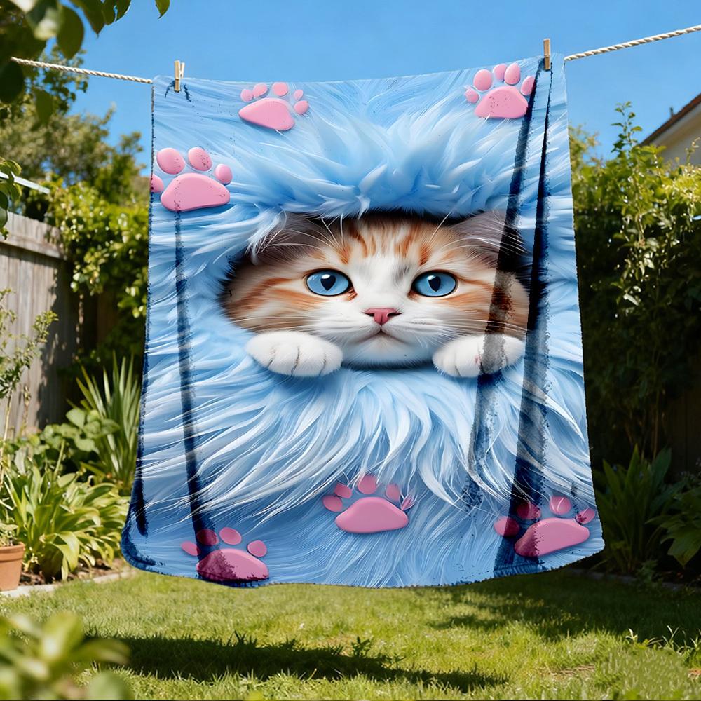 1pc Cat Paws Blue Fur Outdoor Flannel Blanket , Machine Washable Perfect Gift for Birthday , Holiday Travel Accessory , Durable Material