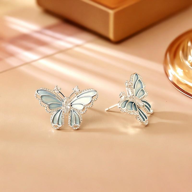 Elegant 3D Butterfly Stud Earrings Women Sweet Fresh Style Post Real Gold Plated Copper