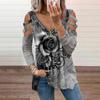 Fashion Womens Loose Collar Zipper V-neck Rose Print Long-Sleeved Casual T-shirt