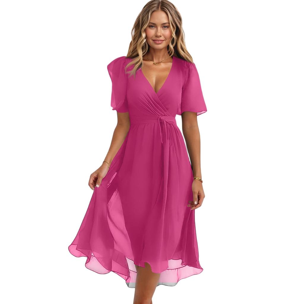 Ladies' Casual And Fashionable Solid Color V-neck Waist Cinching A-line Zipper Dress