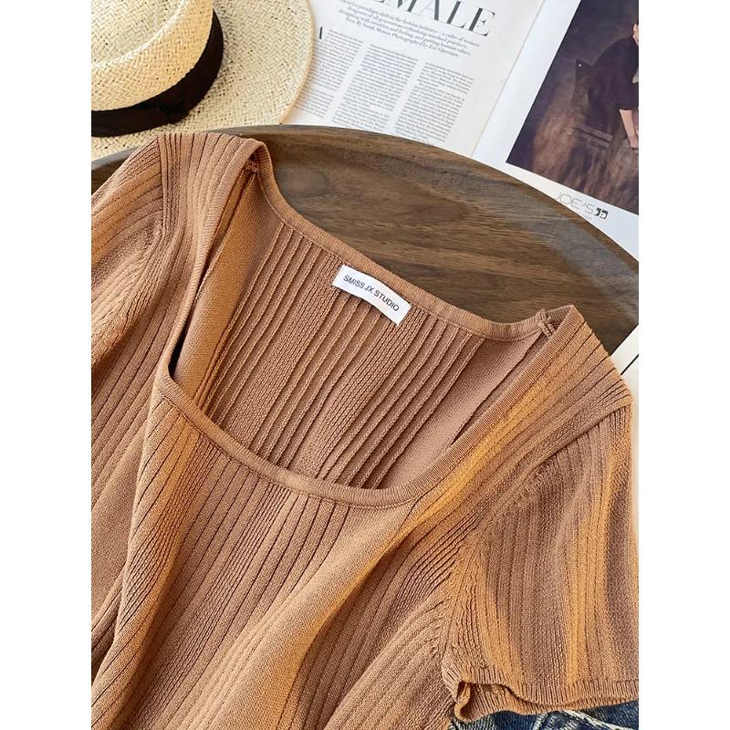 Women Square Neck Ribbed Knit Short Sleeve T Shirt Casual Slim Top