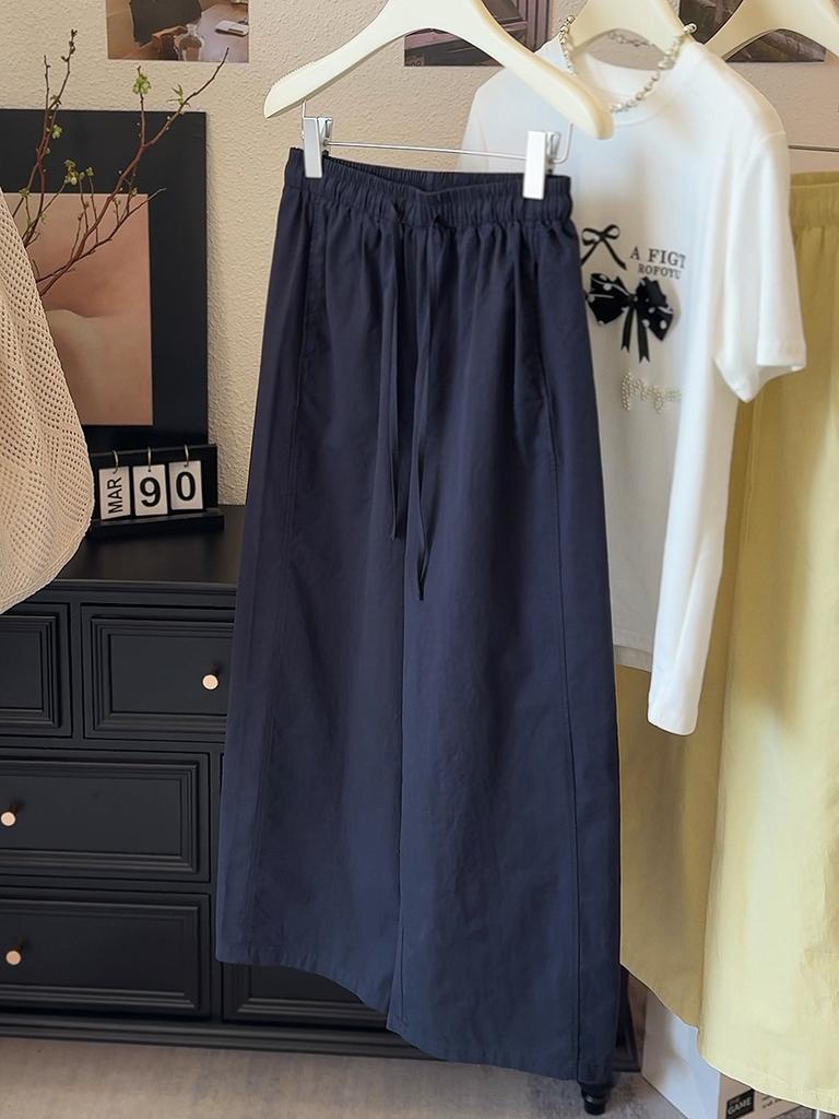 Women's High Waist Drawstring Wide Leg Cropped Pants Loose Fit Casual Linen Blend Ankle Trousers For Summer Daily Wear
