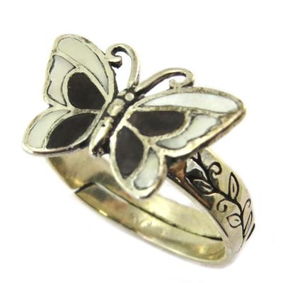 [P2538] - Silver Ring 'Papillon Des Songes' Black Pearly White