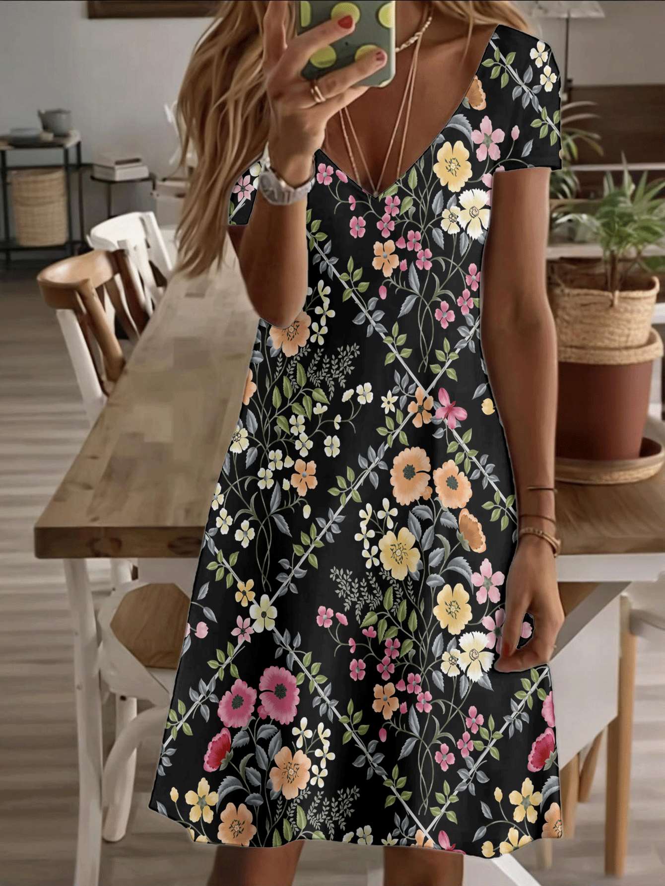 

Vneck shortsleeve midi dress floral garden women dress vintage multicolor botanical print pattern 3D premium printing durable casual fashion elegant s 5XL дубильная кора