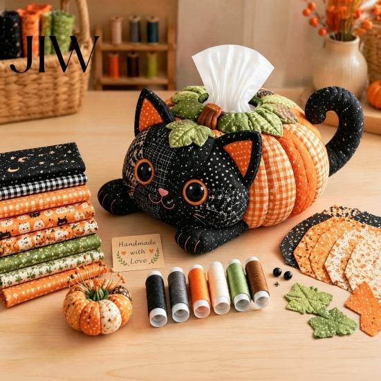 Country Style Haunted House Decor Tissue Box DIY Sewing Kit, Halloween Theme, Patchwork Fabric Craft Spooky Ornament Making Set, Handicraft