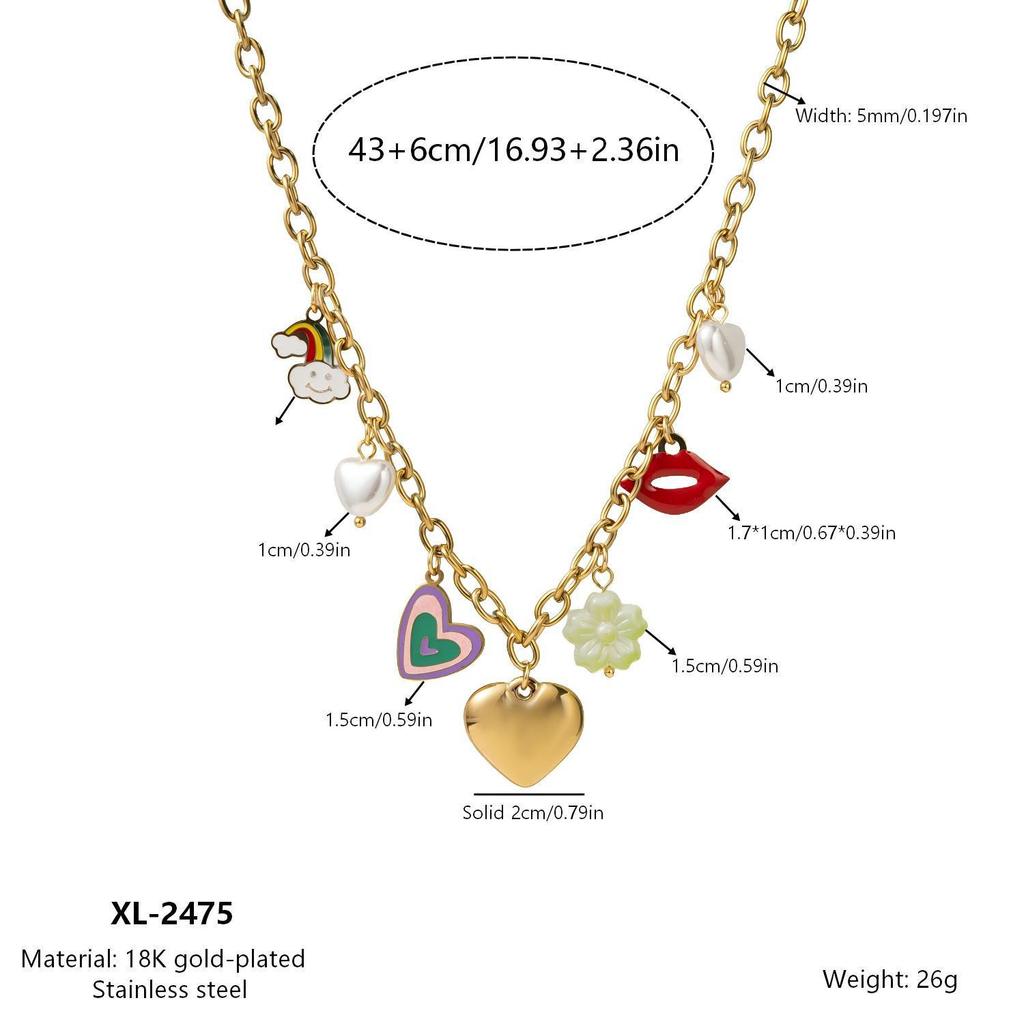 18K Gold Plated Stainless Steel Heart, Lips, and Flower Pendant Necklace for Women