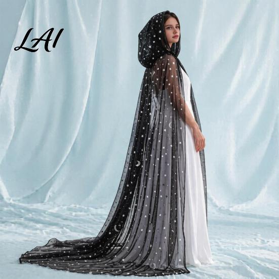 Elegant Stage Performance Cape Full Length Hooded Cloak for Women Star Moon Sheer Gothic Cosplay Robe Tulle Witch Halloween Costume Renaissance