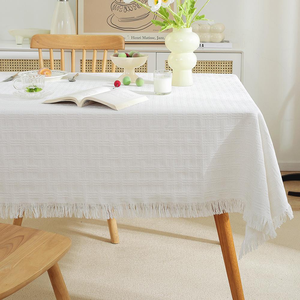 Französische Creme Baumwolle Leinen Tischdecke Waffelstruktur Rechteckig Esstischdecke Quastenrand Waschbar Bauernhaus Küche Couchtisch Abdeckung Dekoration