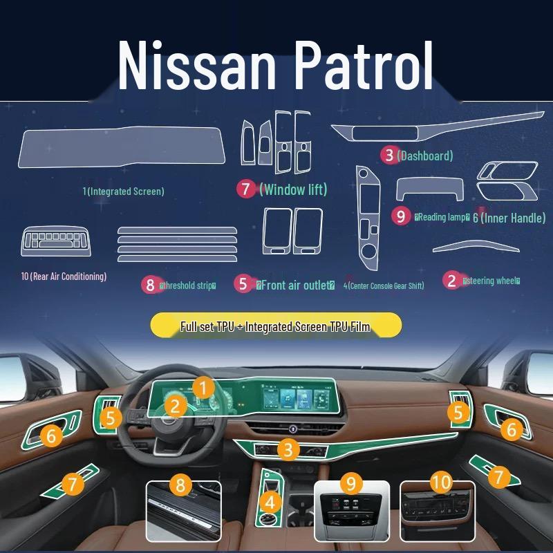 Nissan Terra Interior Protection Kit: TPU Film for Navigation, Gear Shift, Screen, B-Pillar, Headlights.