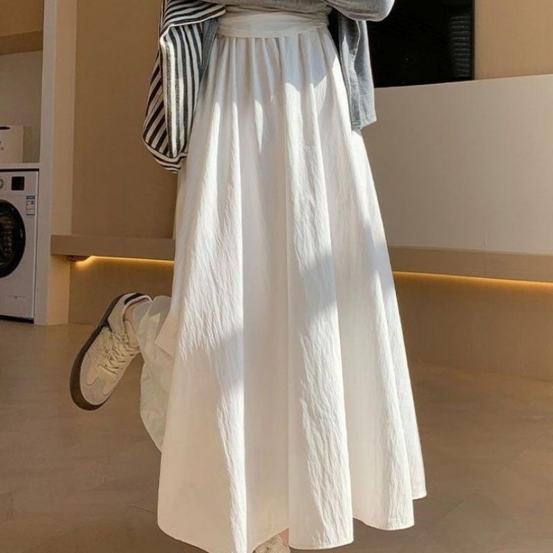 Women's Summer White High-Waisted A-Line Slimming Mid-Length Ruched Elegant Long Skirt