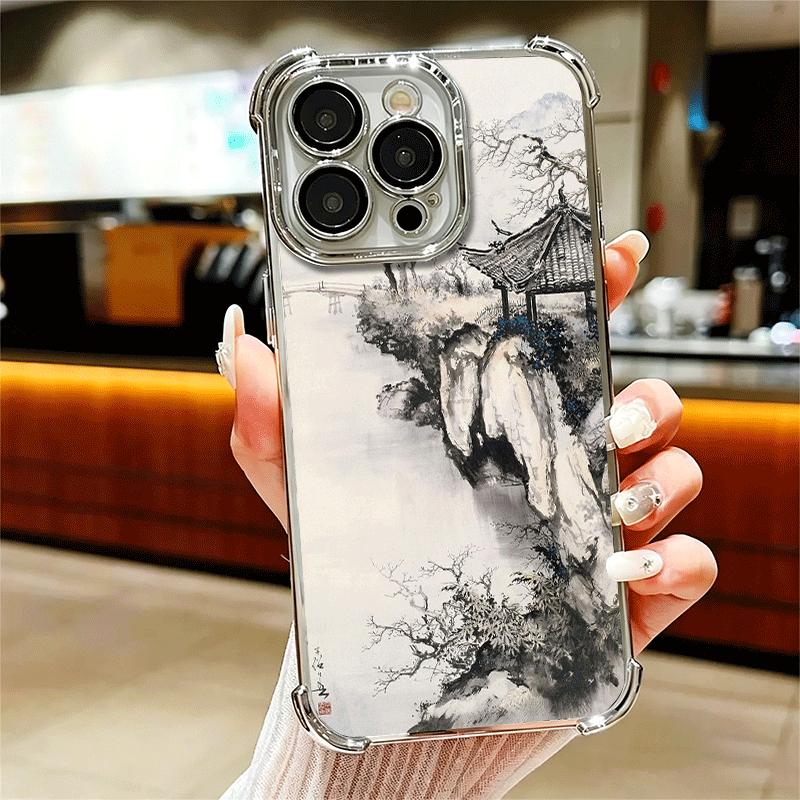 

Chinese Style Ink Painting Art Soft Phone Case For iPhone 15 16 17 Air 14 Pro Max 16E Plus 13 12 Mini Plating Anti-Fall Fundas iPhone 12 Mini