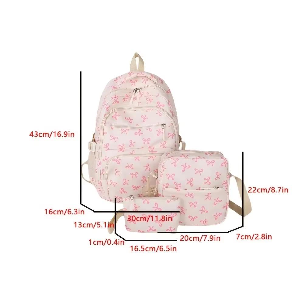 3 Pcs/Set Bow Print Nylon School Backpack, Cute Large Capacity Travel Schoolbag with Adjustable Straps