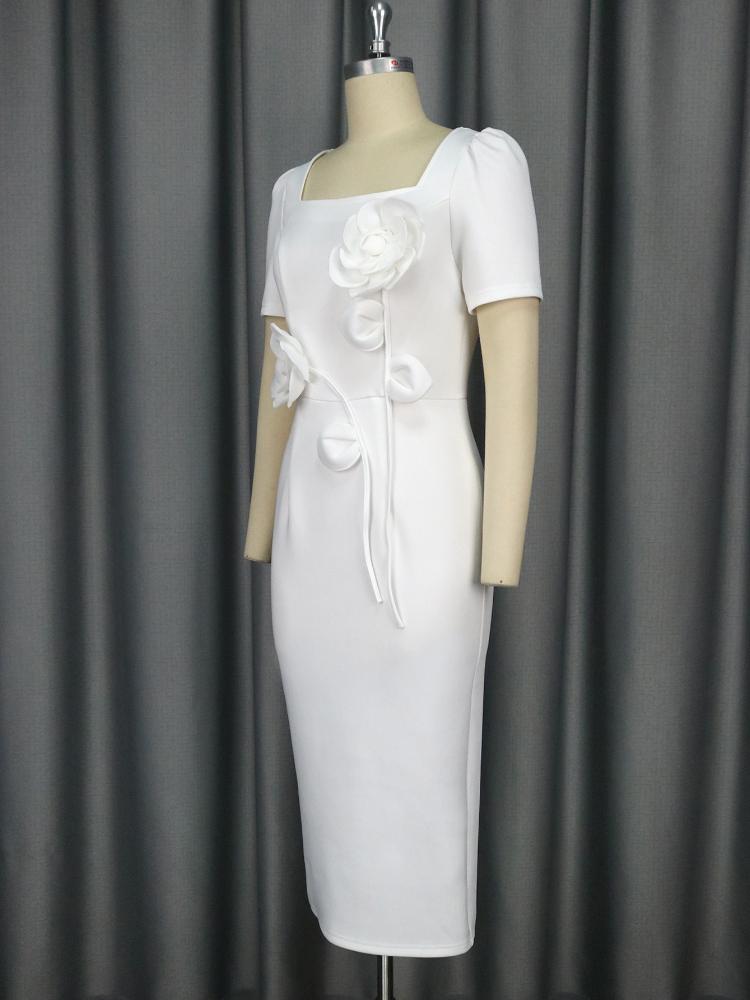 Večerní párty bodycon bílé šaty pro dámy s krátkým rukávem 3D květina vysoký pas narozeniny družička svatební host midi róby