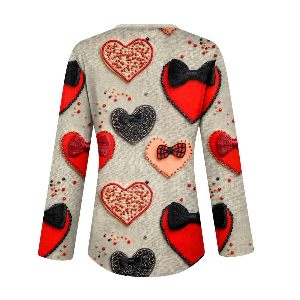 Damen Valentinstag Liebesherz Print Mode Lässig Langarm V-Ausschnitt Knopfhals Oberteil