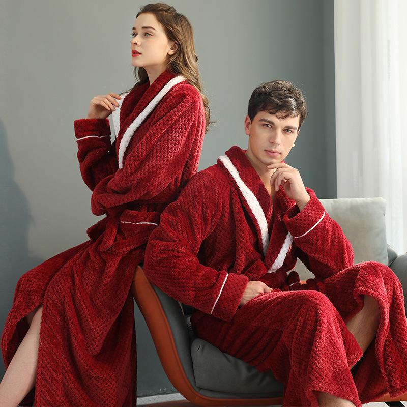 Thickened Plaid Flannel Couple's Bathrobe - Women's Plus Size & Men's Extra Long Fleece Robe