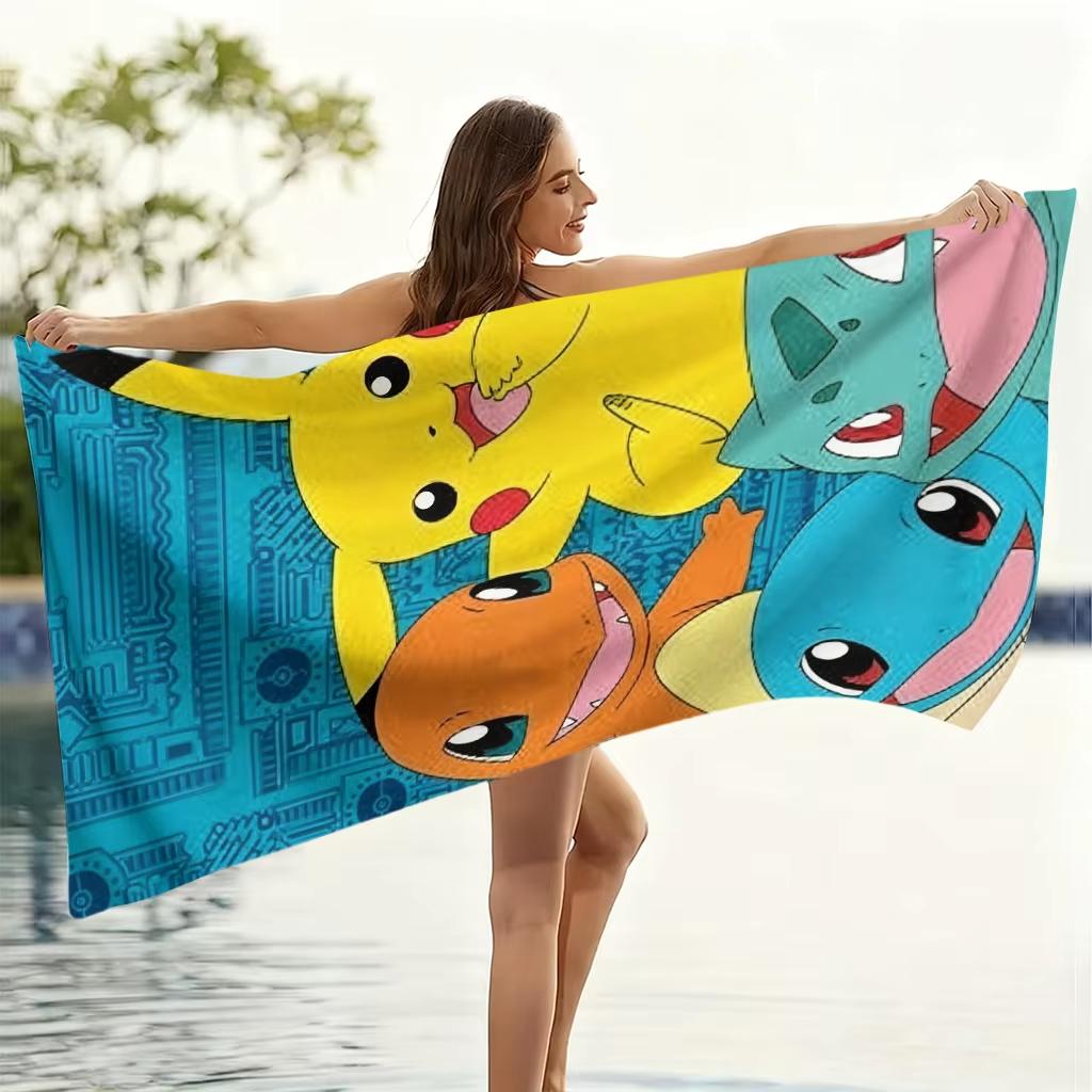 Sky Pokemon Beach Towel, Microfiber Quick Dry Breathable Large Size,Vacation Bathroom,Pikachu & Starters Print Towel for Kids