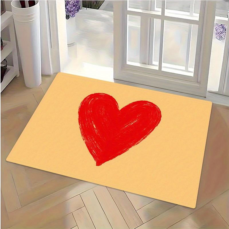 2D Flat Red Brushstroke Heart Yellow Background Flannel Area Rug Non Slip Romantic Love Carpet For Bedroom LivingRoom FloorDecor