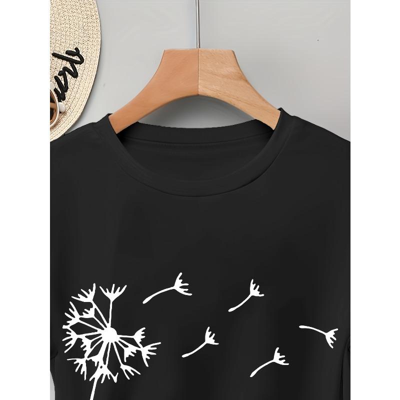 European sizes Women'S Short Sleeve T-Shirt with Elegant Dandelion Print - Lightweight Casual Top for Spring/Summer