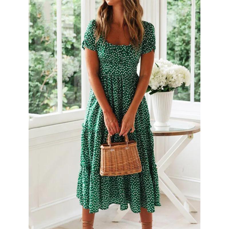 Vestidos Vintage Vintage Print Puff Sleeve Summer Beach Sweet Dresses Casual Square Collar Floral Maxi Long Dress