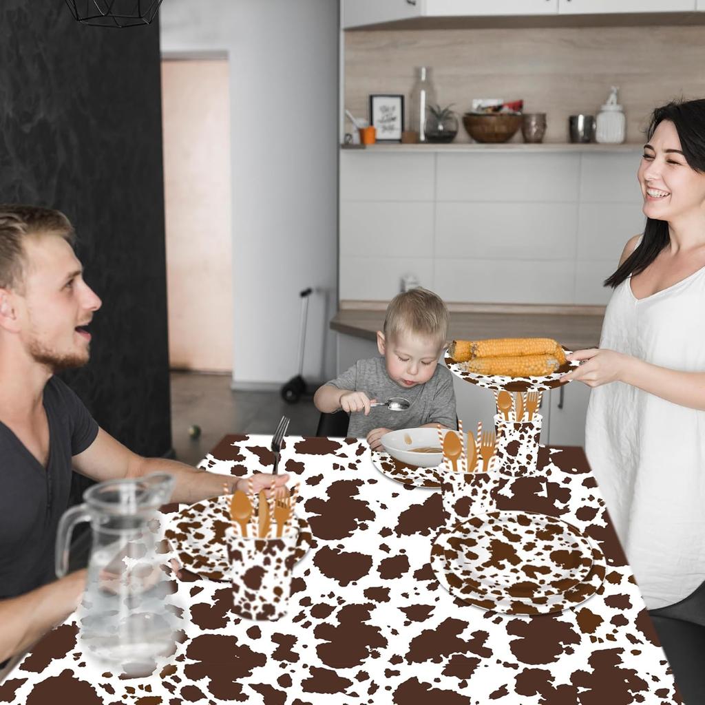 Adirasenotek 3Pcs Cow Print Tablecloth Brown Cattle Tablecover for Farm Theme Cowboy Baby Shower Decorations Western Birthday Dinner Picnic Kitchen