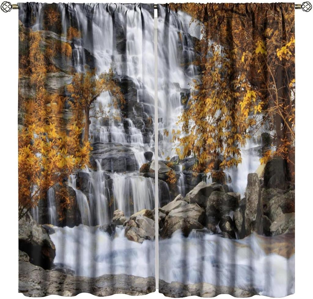 Blackout Red Forest Waterfall Windows Curtains Tree Landscape Woodland Scenic Nature Fall Scenery Art Printed Curtain Made Of Polyester Washable