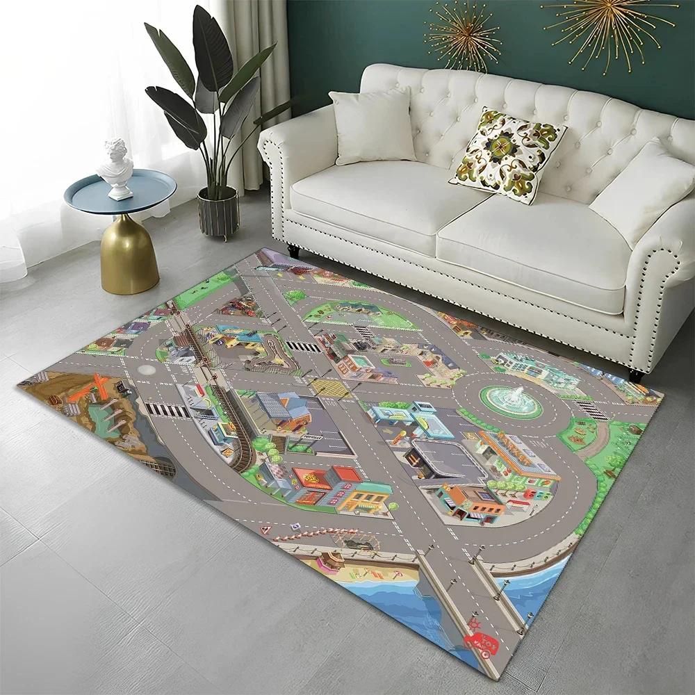 Highway City Kinderspielmatte Verkehr Spielzimmer Teppich Teppich für Zuhause Wohnzimmer Schlafzimmer Fußmatte Dekor, Bereichsteppiche Rutschfeste Bodenmatte